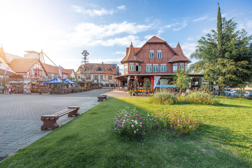 Booths, benches, and brick walkways of German Village Park.