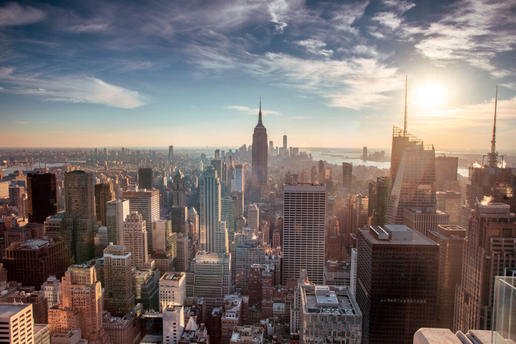 Aerial view of the New York City skyline.